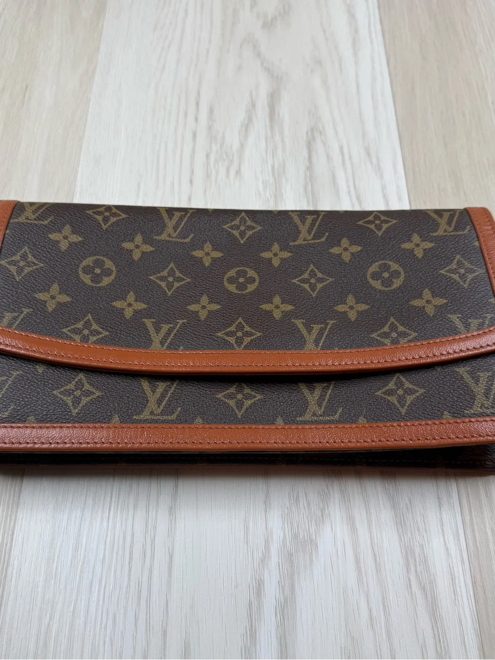 Louis Vuitton Monogram Foldover Clutch in Brown and Tan Leather Trim - Picture 1 of 16